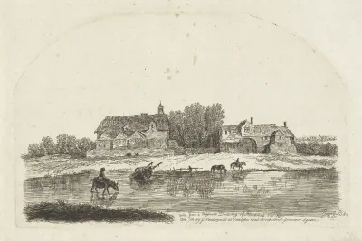 Twee gebouwen bij een ven