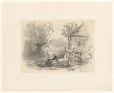 Twee geiten en een schaap bij een hek voor een huis