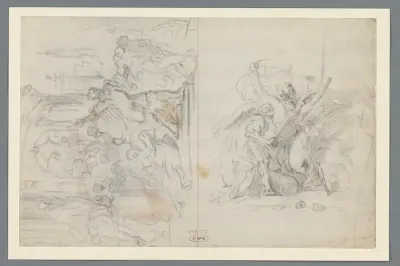 Twee gevleugelde strijdende figuren en een compositiestudie