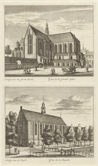 Twee gezichten op Alkmaar met de Grote Kerk en de Kapelkerk
