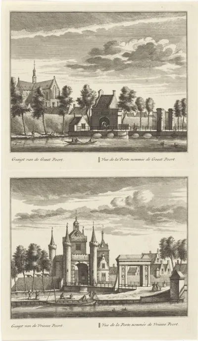 Twee gezichten op Alkmaar met stadspoorten en de Grote Kerk