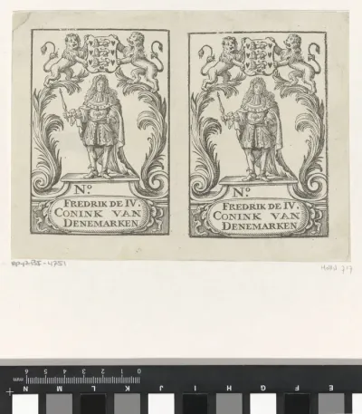 Twee handelsetiketten met portret van Frederik IV, koning van Denemarken en Noorwegen