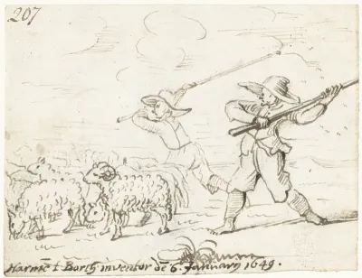 Twee herders drijven hun schapen voort