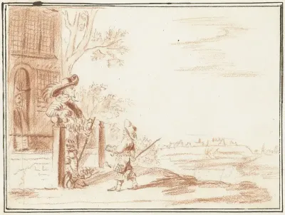 Twee heren en een jongen (page?) bij een landhuis