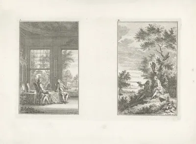Twee heren in een vertrek, en twee heren in de natuur