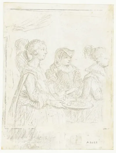 Twee hofdames en een voorname vrouw in rouwkleding (Amalia van Solms?)
