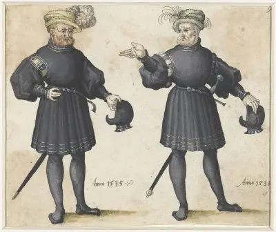Twee hofdienaren in zwarte kleding