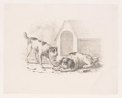 Twee honden bij een hondenhok