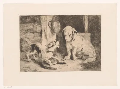 Twee honden bij een lantaarn en bord met eten