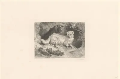 Twee honden bij twee dode hazen