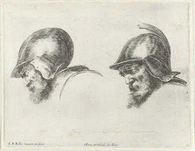 Twee hoofden van soldaten met baard en helm, naar links gewend