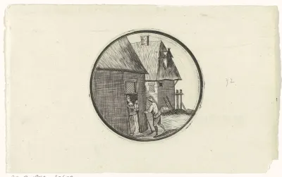 Twee huizen met figuren bij een deur