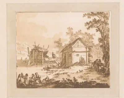 Twee hutten aan een steiger met vissers en andere figuren