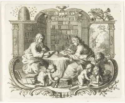 Twee jonge geleerden in een bibliotheek, in cartouche