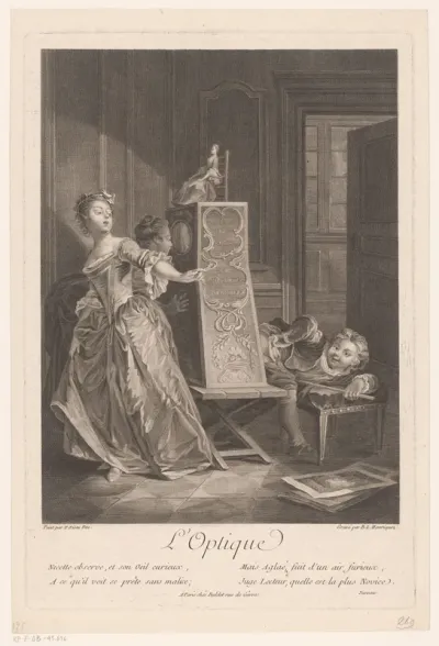 Twee jonge vrouwen en een jongen bij een opticakast