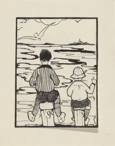 Twee jongens aan een waterkant