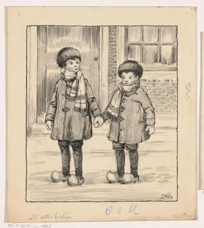Twee jongens op een besneeuwde straat