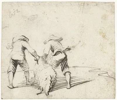 Twee jongens trekken een schaap voort, van achteren