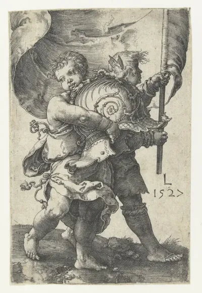 Twee jongetjes met een helm en een vaandel