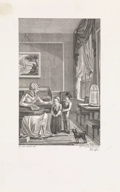 Twee kinderen bij een vrouw in een interieur