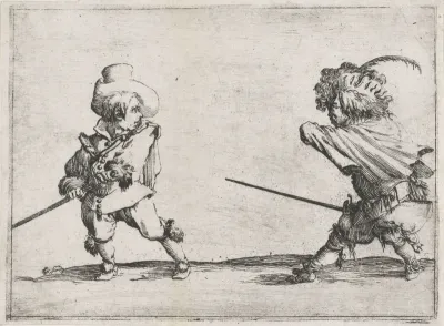 Twee kleine mensen (karikaturen) met zwaarden in gevecht