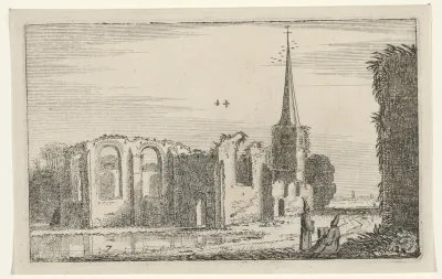 Twee kloosterlingen bij een ruïne van een kerk