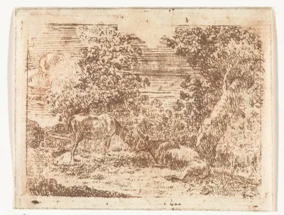 Twee koeien en een geit bij bomen