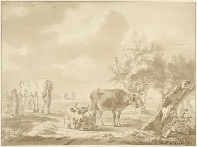 Twee koeien en een paard in een weiland met knotwilgen