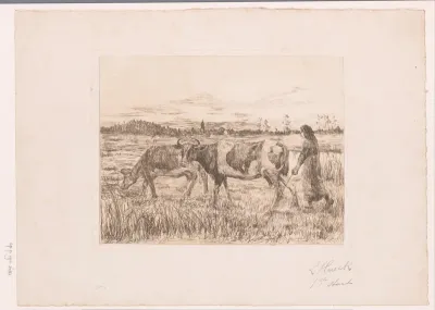 Twee koeien met een boerin in een landschap