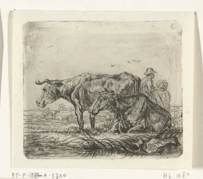 Twee koeien met een herder en een kind