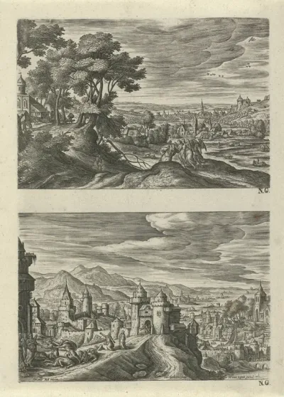Twee landschappen met de engelen op weg naar Sodom