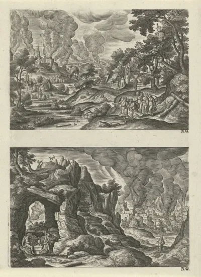 Twee landschappen met de vlucht van Lot uit Sodom