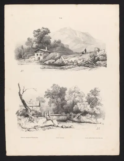 Twee landschappen met een huis aan het water