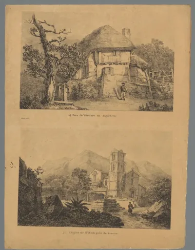 Twee landschappen met figuren bij een gebouw
