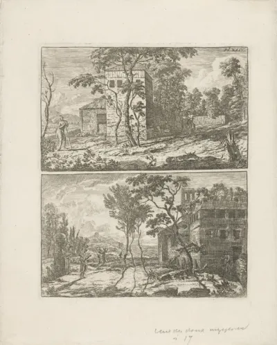 Twee landschappen met gebouwen