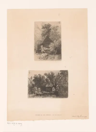 Twee landschappen met kleine rietgedekte gebouwen