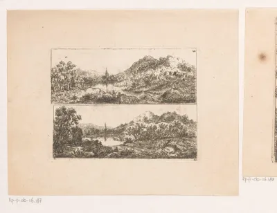 Twee landschappen met torenspits