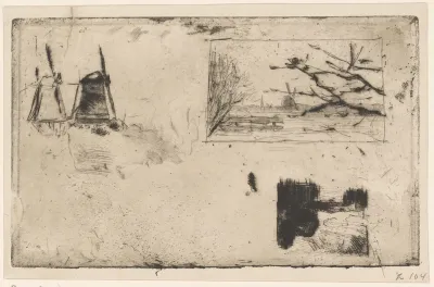 Twee landschappen, twee molens en het hoofd van een vrouw en profil