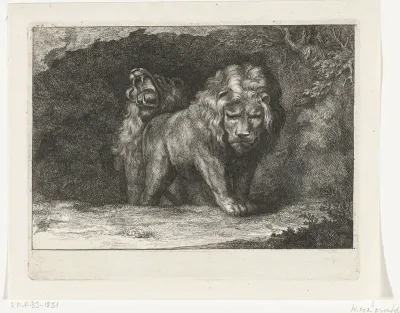 Twee leeuwen bij de ingang van hun hol
