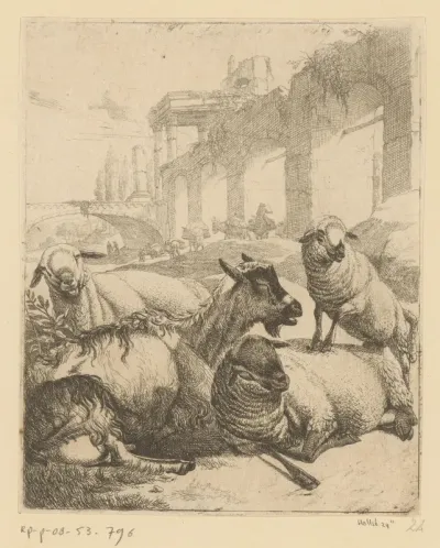 Twee liggende schapen, een liggende geit en een staand lam bij romeins aquaduct
