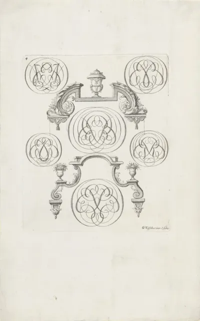 Twee lijsten met tuinvazen en monogrammen