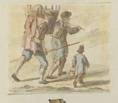 Twee lopende mannen met een mand op de rug en een kind met een mand in de hand