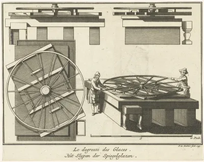 Twee mannen aan een machine voor het slijpen van spiegels