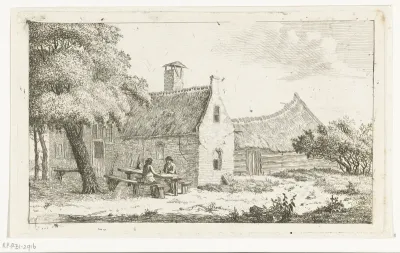 Twee mannen aan een tafel voor herberg het Molentje aan de Amstel