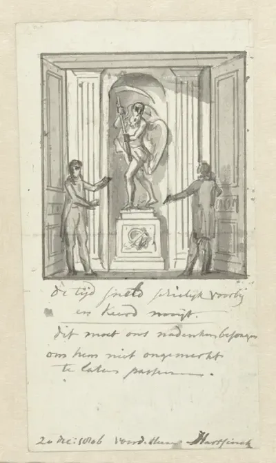 Twee mannen bekijken een beeld van de Tijd
