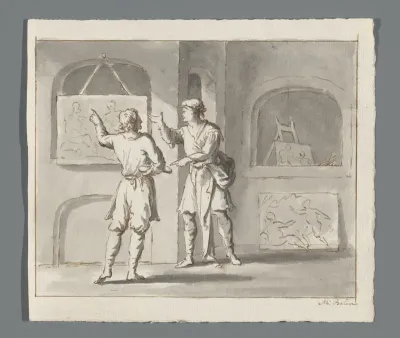 Twee mannen bespreken een schilderij