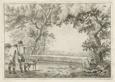 Twee mannen bij stenen cartouche
