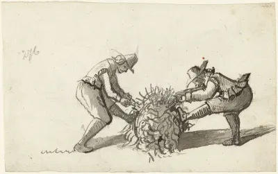 Twee mannen die een vacht of een takkenbos samenbinden