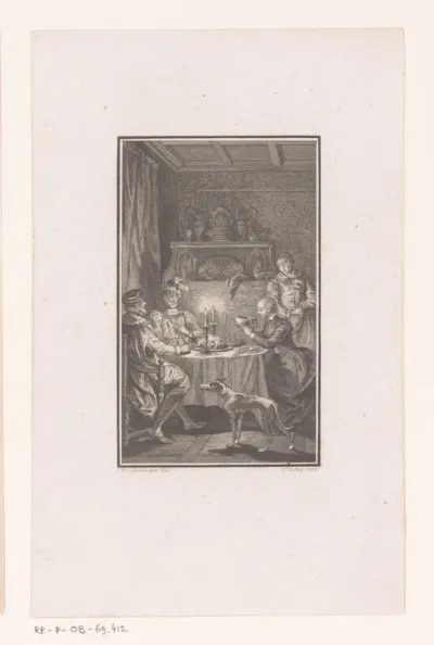 Twee mannen en een kale vrouw met schedel aan een door kaarsen verlichte tafel