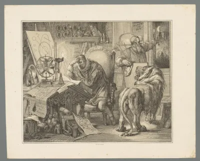 Twee mannen en een leeuw in een studeervertrek